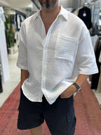 White Pocketed Muslin Short-Sleeved Shirt TW-1116