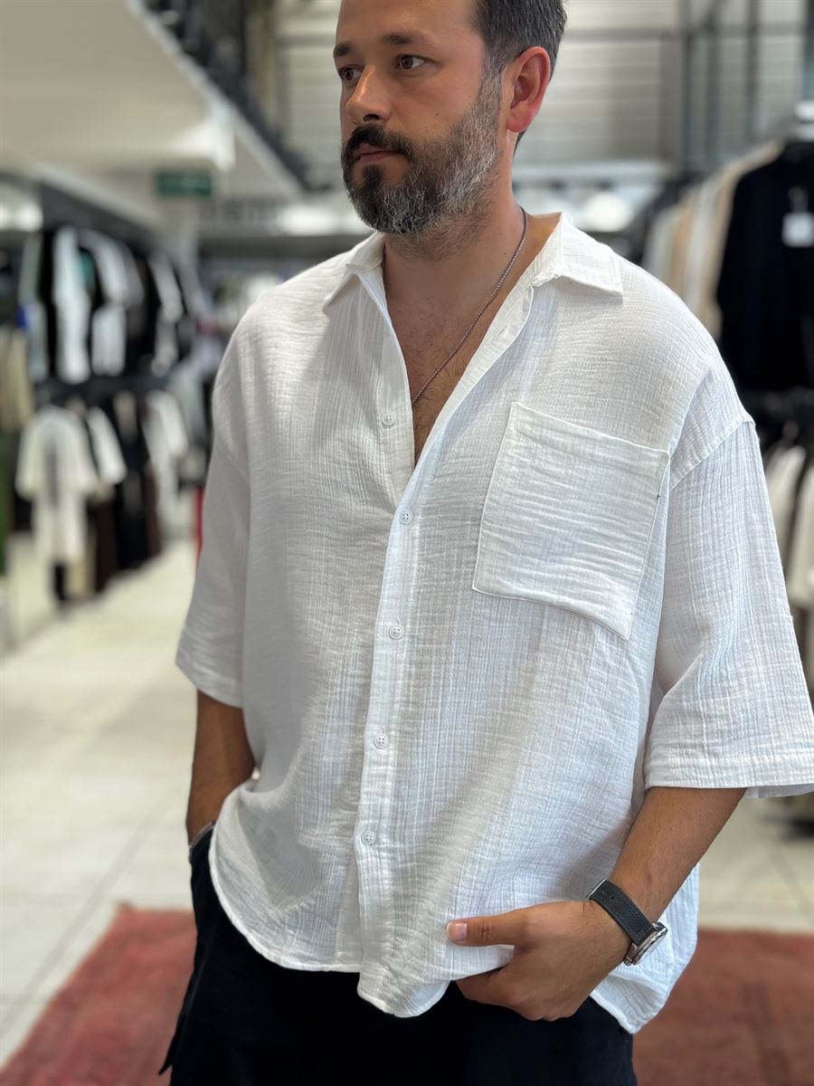 White Pocketed Muslin Short-Sleeved Shirt TW-1116