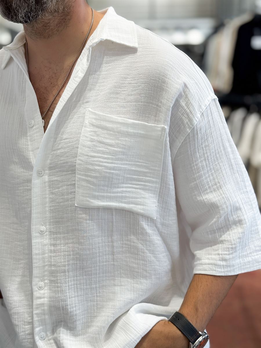 White Pocketed Muslin Short-Sleeved Shirt TW-1116