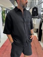 Black Muslin Short-Sleeved Shirt with Pockets TW-1116