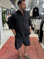 Black Muslin Short-Sleeved Shirt with Pockets TW-1116