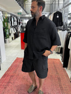 Black Muslin Short-Sleeved Shirt with Pockets TW-1116