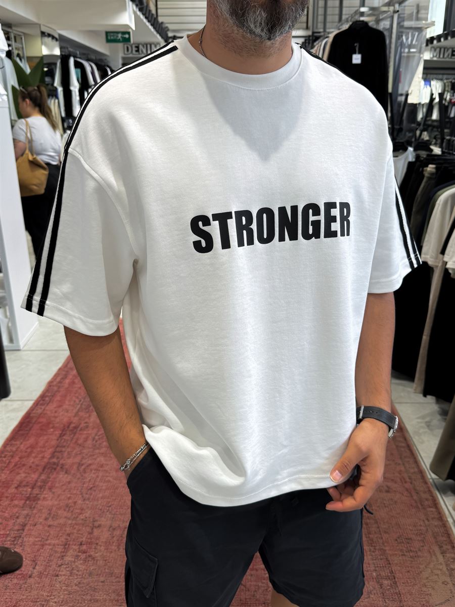 White Stronger Print Washed Boxy Fit T-Shirt ES-71-163