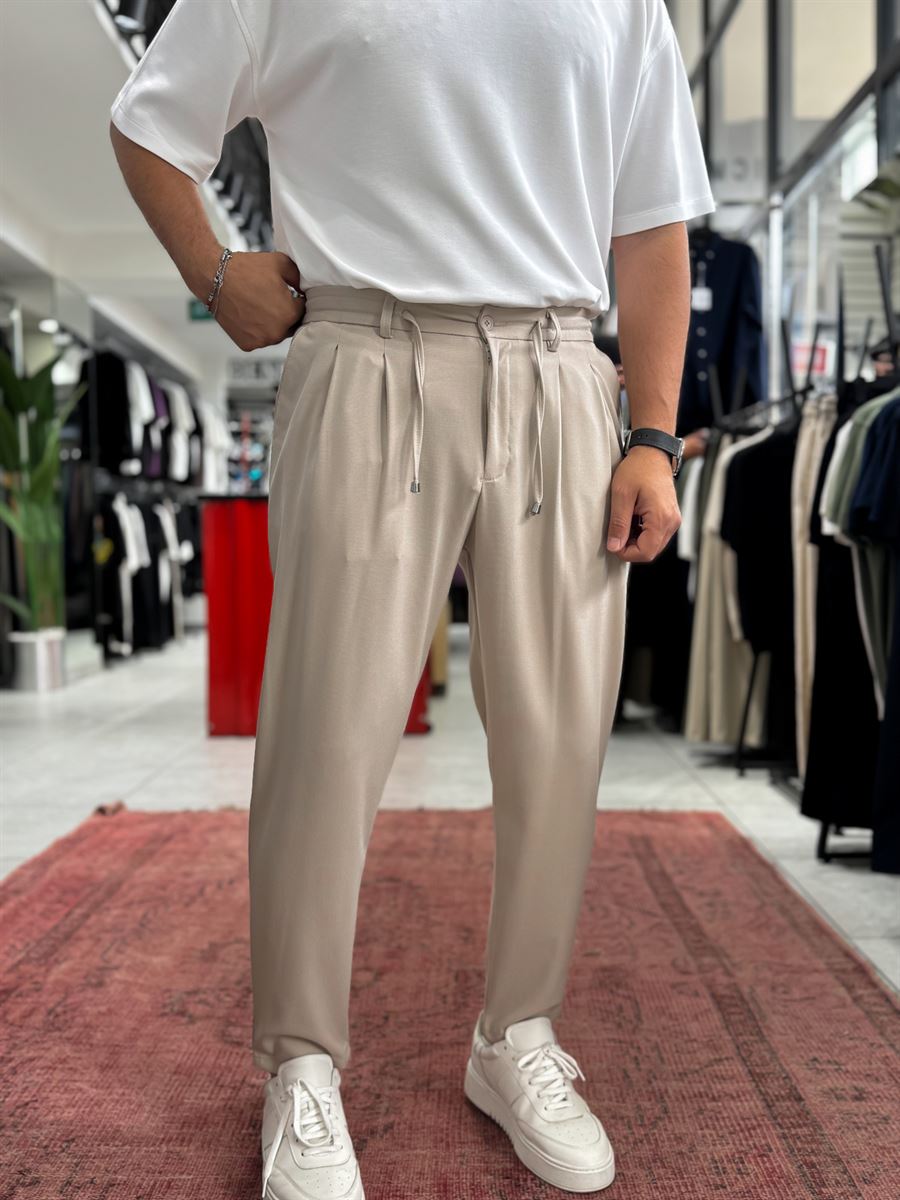 Beige Relaxed Fit Fabric Trousers BY-5062