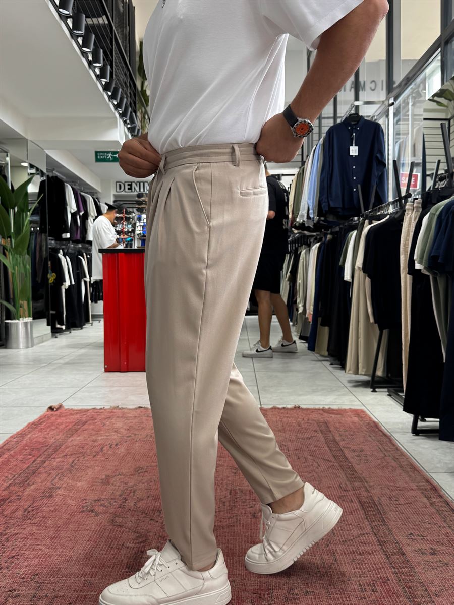 Beige Relaxed Fit Fabric Trousers BY-5062