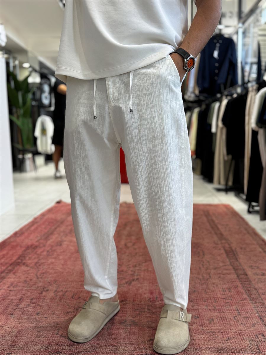 White Waffle Fabric Loose Fit Trousers BY-5058