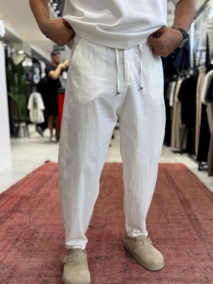 White Waffle Fabric Loose Fit Trousers BY-5058