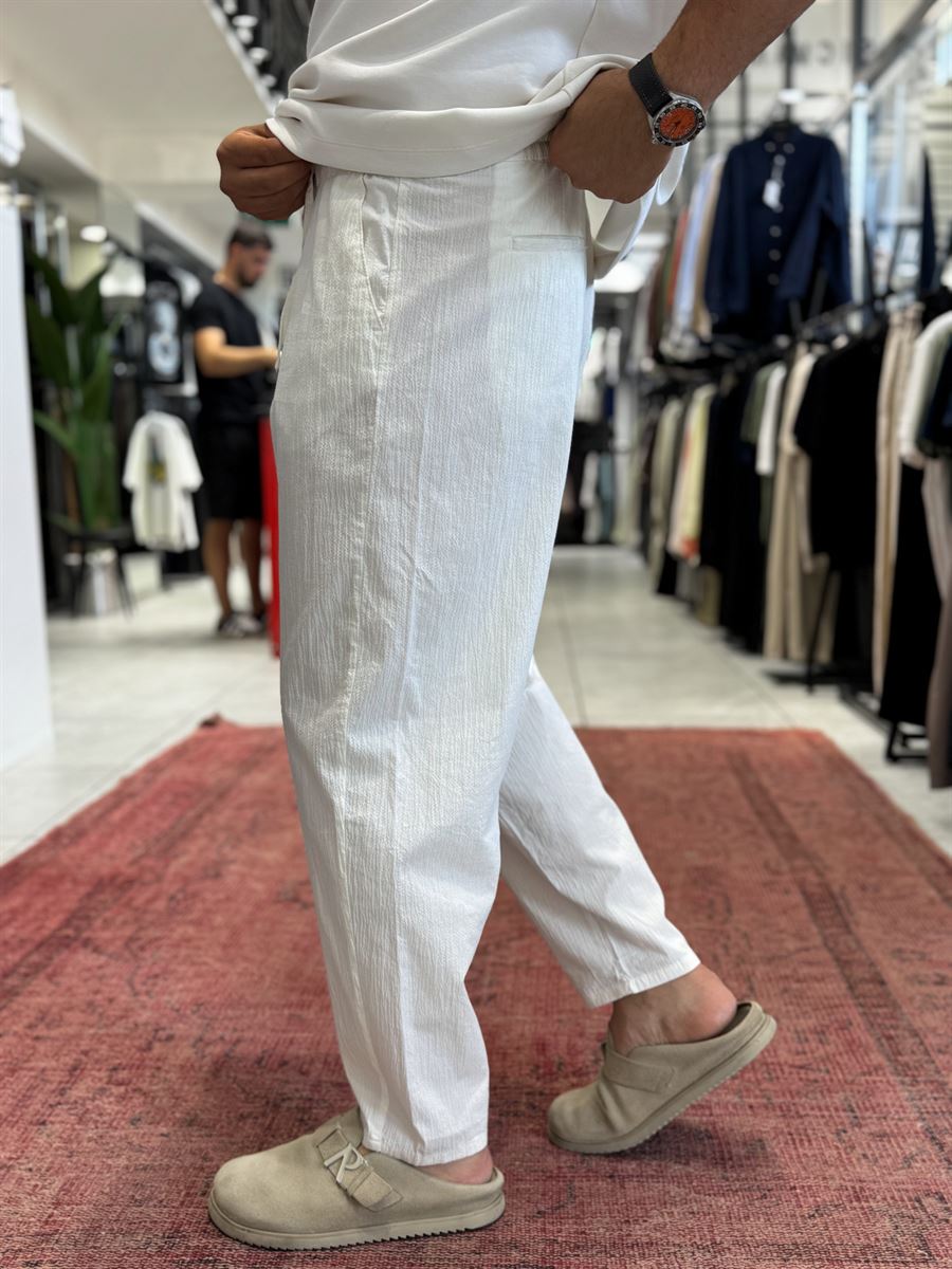 White Waffle Fabric Loose Fit Trousers BY-5058