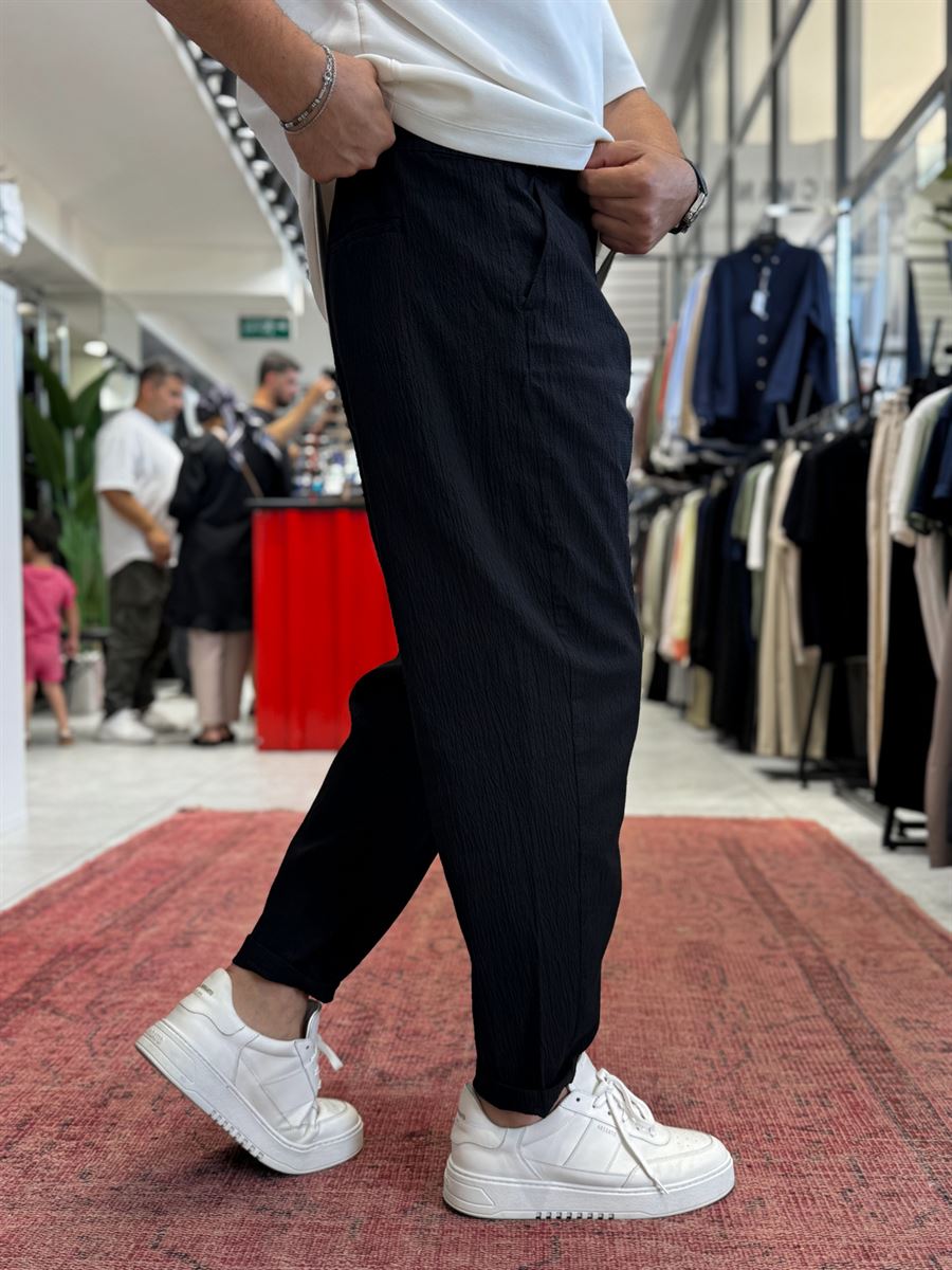 Black Waffle Fabric Loose Fit Trousers BY-5058