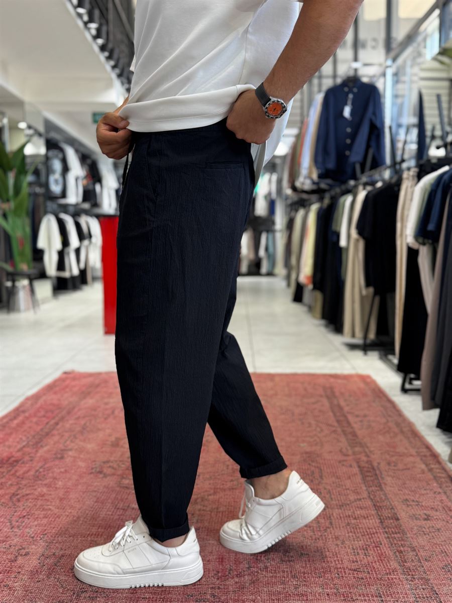 Black Waffle Fabric Loose Fit Trousers BY-5058