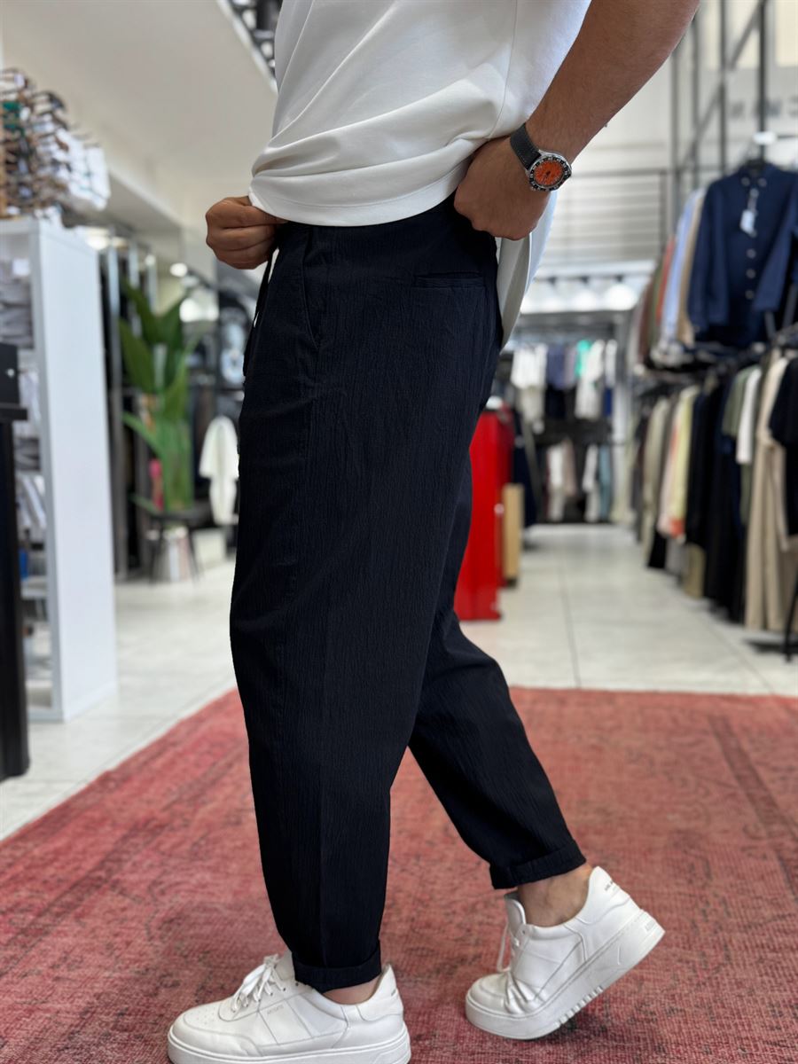Black Waffle Fabric Loose Fit Trousers BY-5058