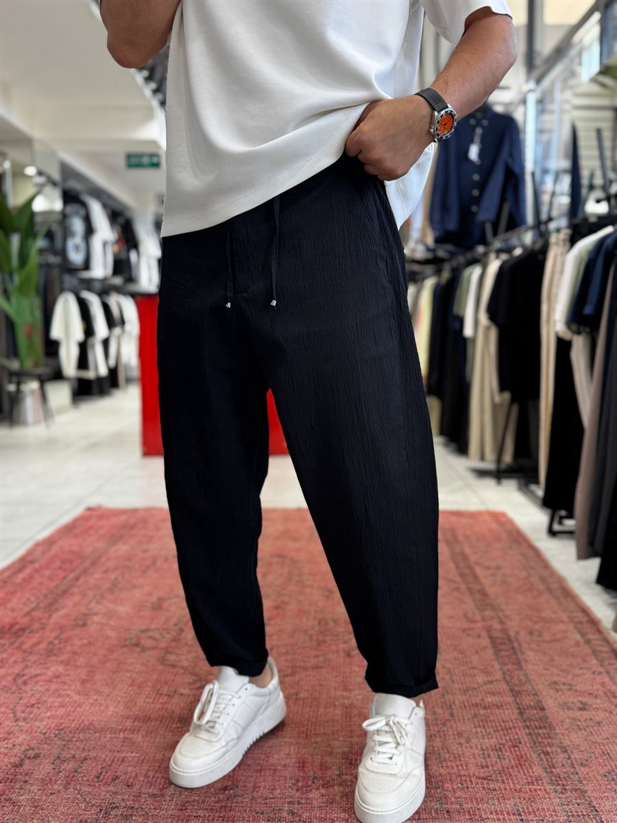 Black Waffle Fabric Loose Fit Trousers BY-5058