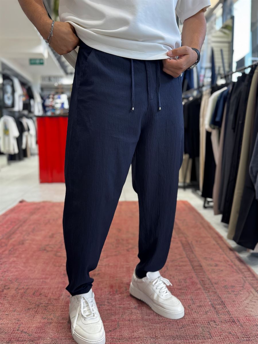 Navy Blue Waffle Fabric Loose Fit Trousers BY-5058