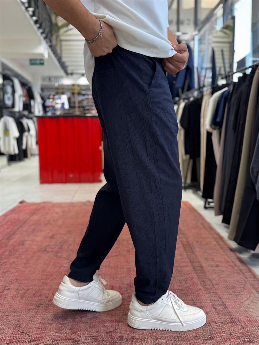 Navy Blue Waffle Fabric Loose Fit Trousers BY-5058