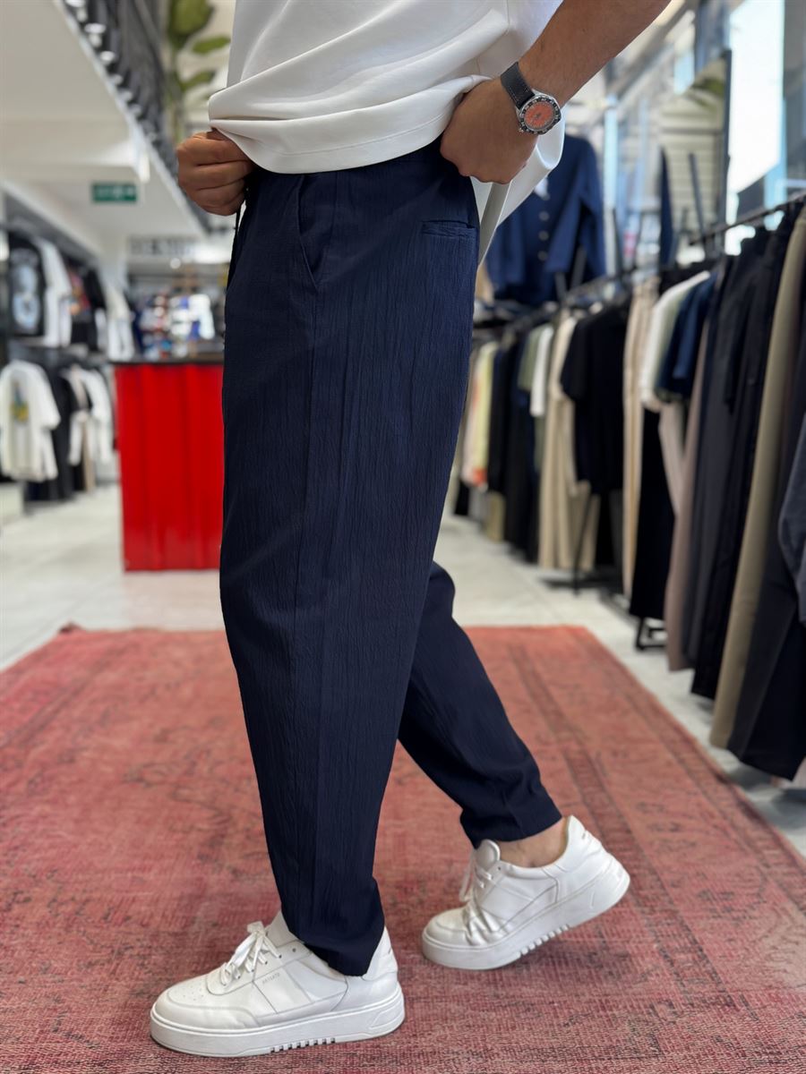 Navy Blue Waffle Fabric Loose Fit Trousers BY-5058