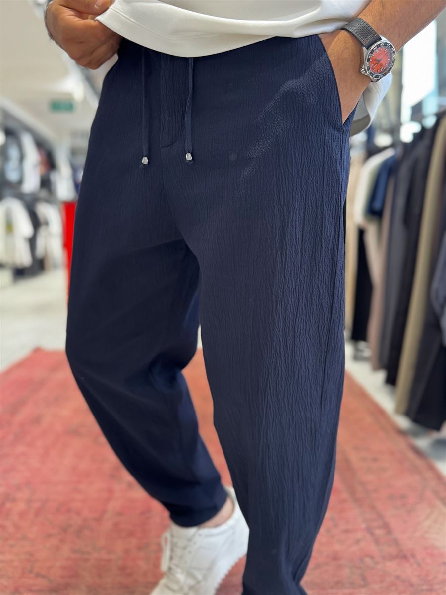 Navy Blue Waffle Fabric Loose Fit Trousers BY-5058