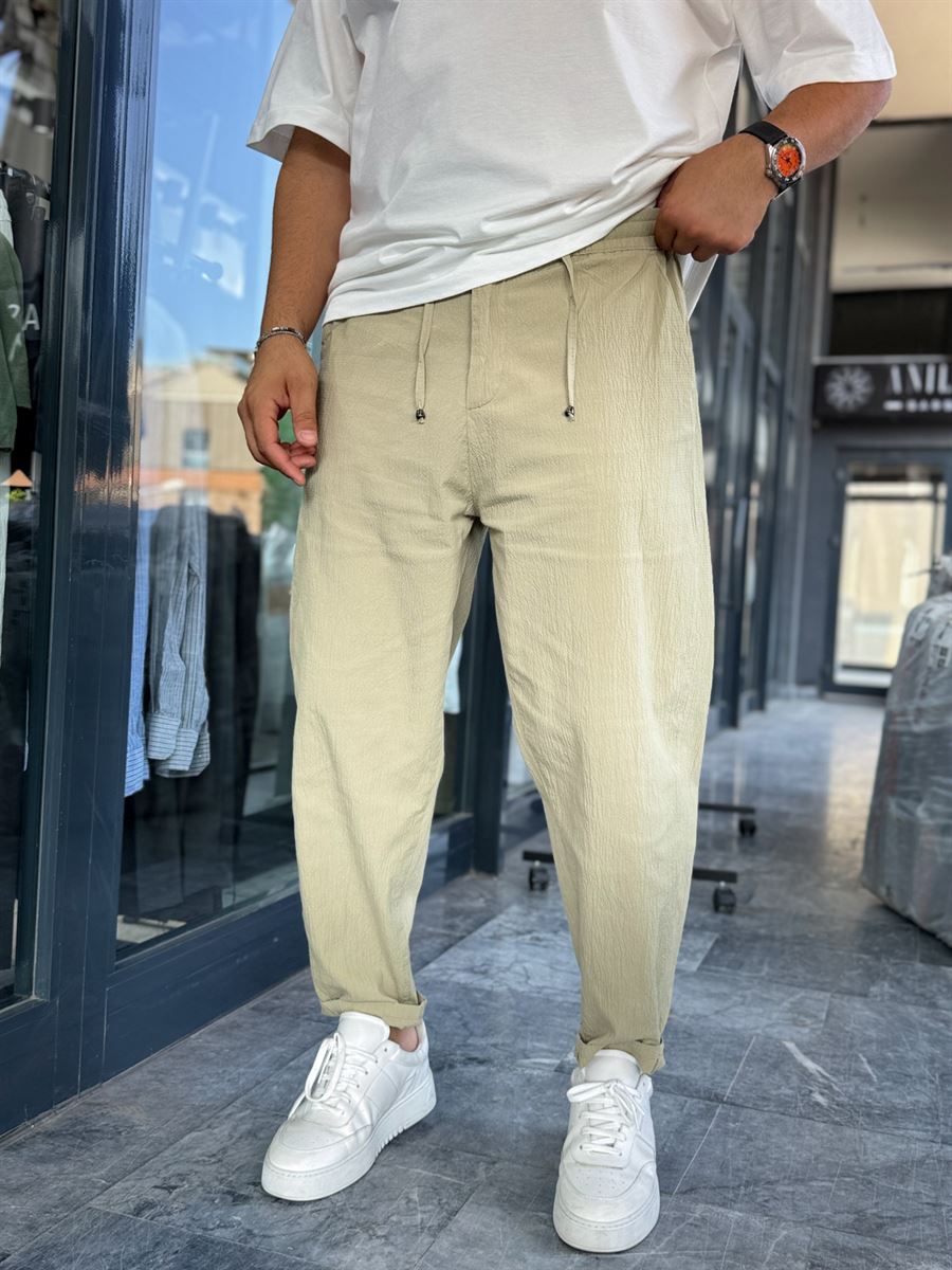 Light Khaki Waffle Fabric Loose Fit Trousers BY-5058