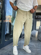 Light Khaki Waffle Fabric Loose Fit Trousers BY-5058