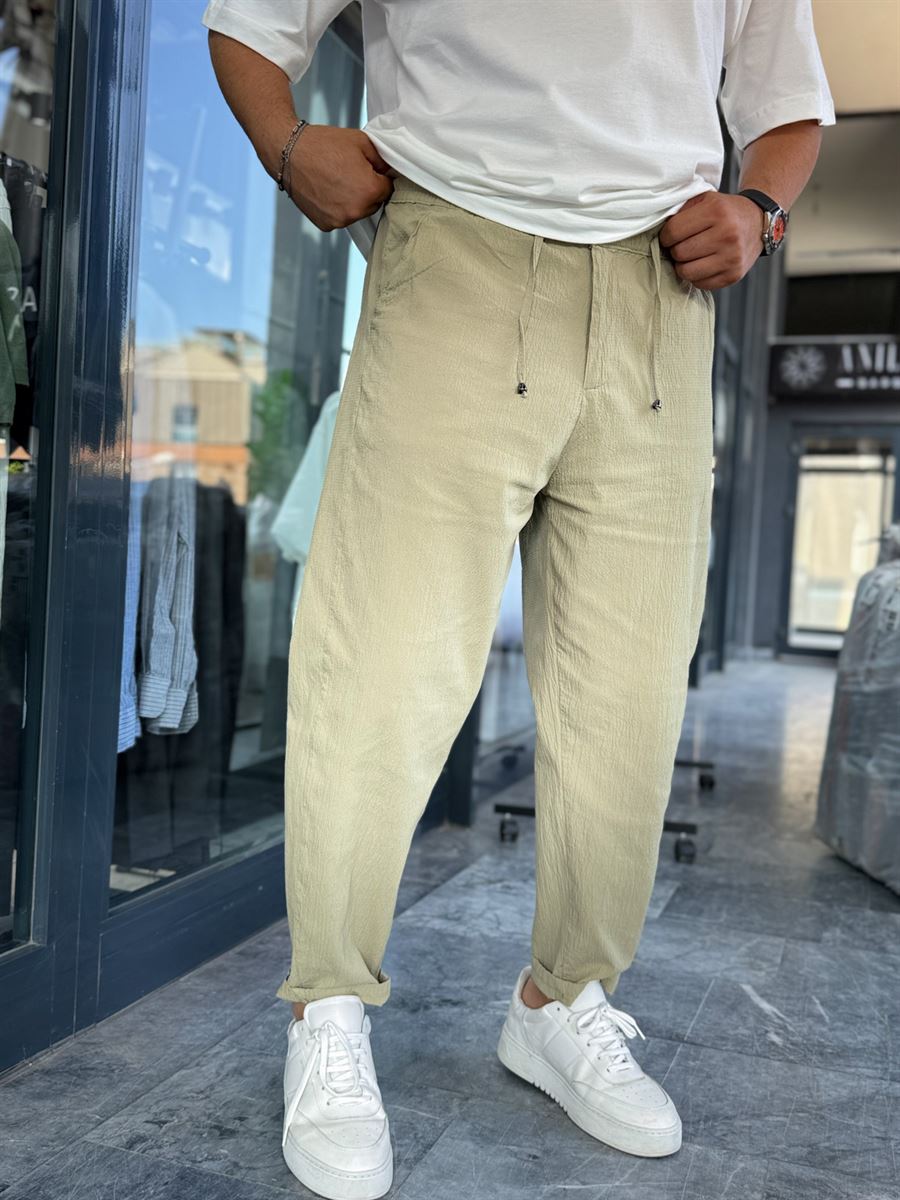 Light Khaki Waffle Fabric Loose Fit Trousers BY-5058