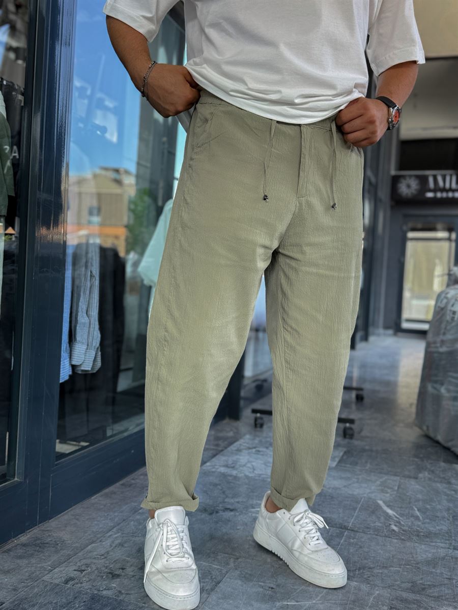 Light Khaki Waffle Fabric Loose Fit Trousers BY-5058