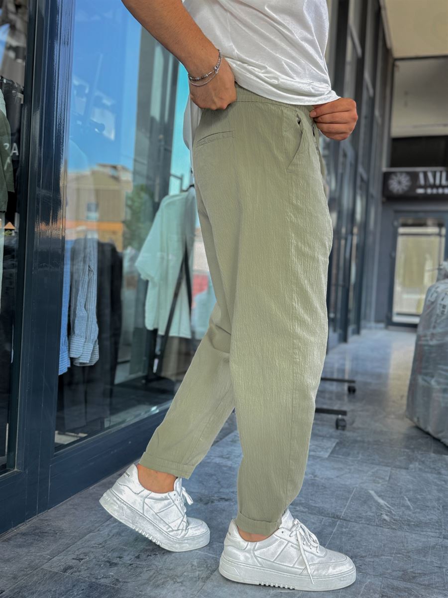 Light Khaki Waffle Fabric Loose Fit Trousers BY-5058