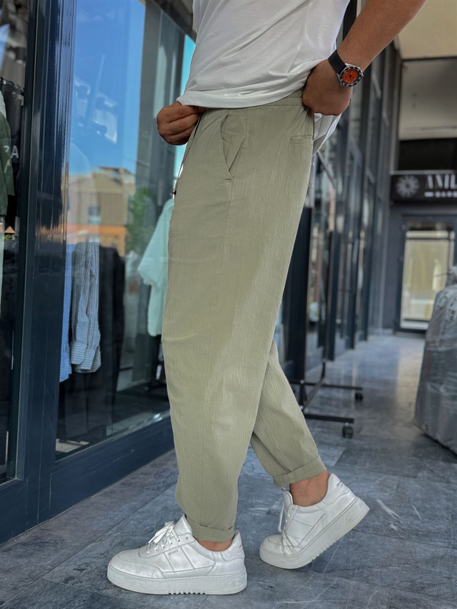 Light Khaki Waffle Fabric Loose Fit Trousers BY-5058