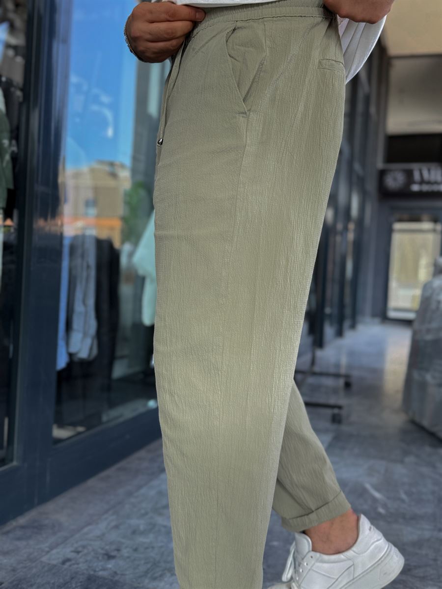 Light Khaki Waffle Fabric Loose Fit Trousers BY-5058