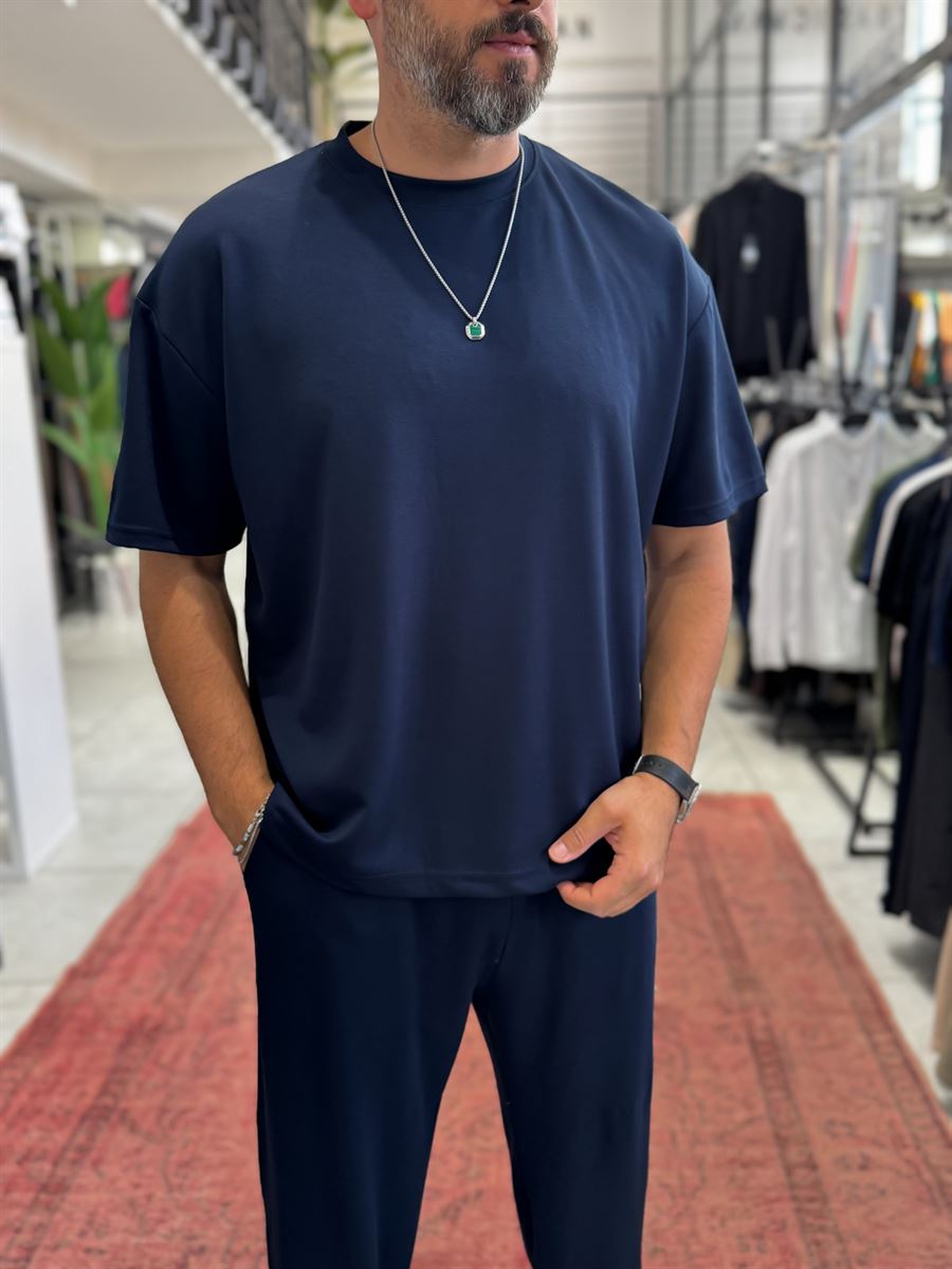 Navy Blue Oversize Basic Modal Fabric T-Shirt RSP