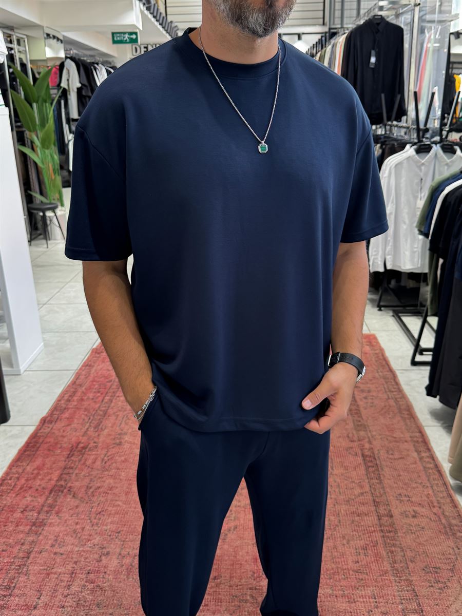 Navy Blue Oversize Basic Modal Fabric T-Shirt RSP