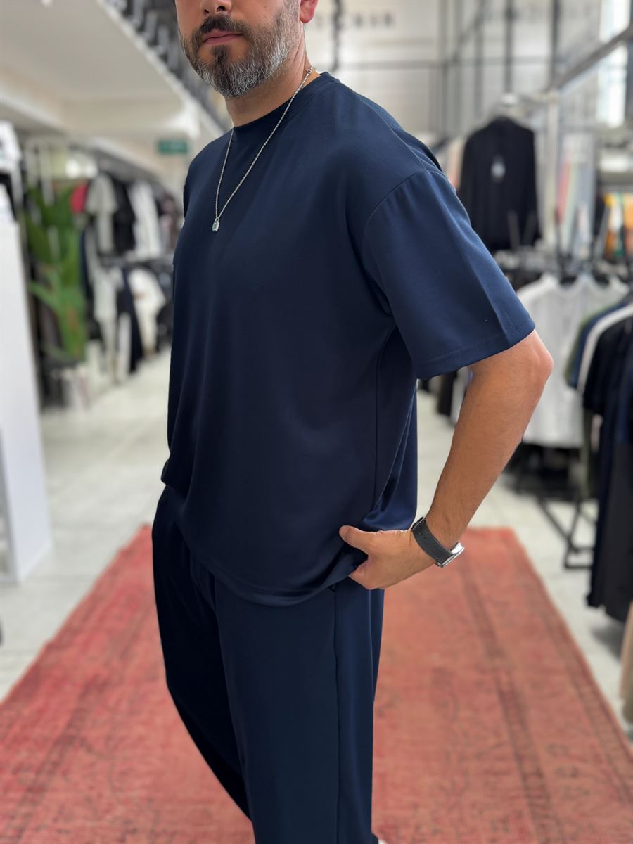 Navy Blue Oversize Basic Modal Fabric T-Shirt RSP