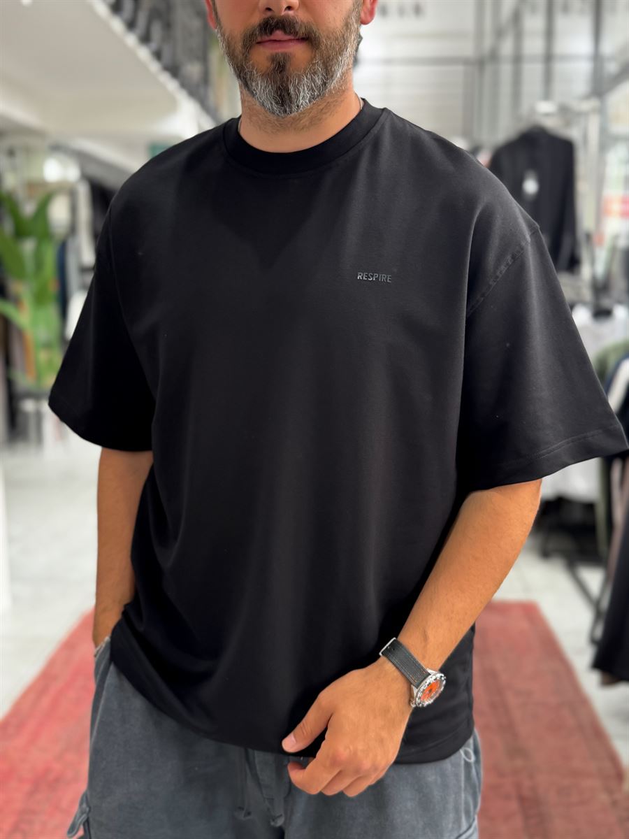Black Two-Thread Basic Embossed Oversize T-Shirt RES-002