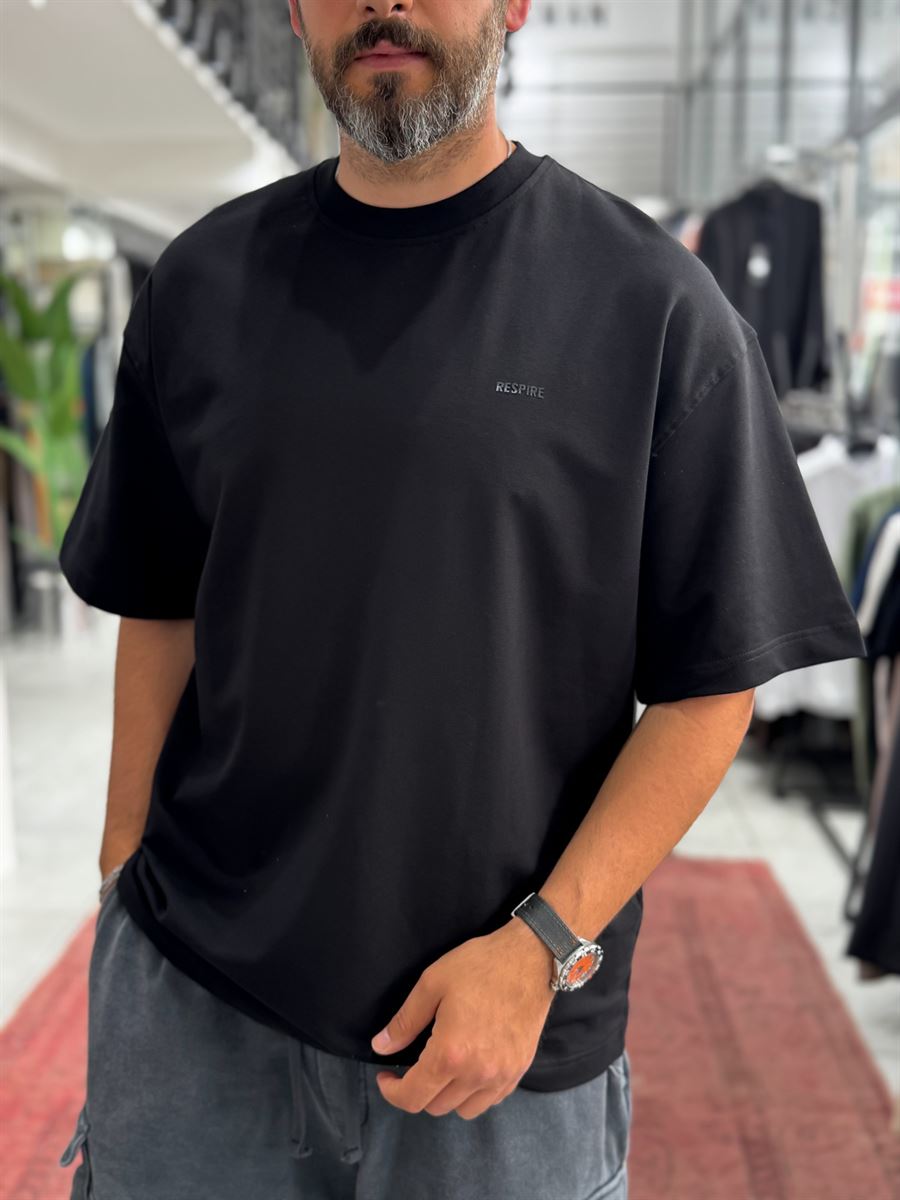 Black Two-Thread Basic Embossed Oversize T-Shirt RES-002