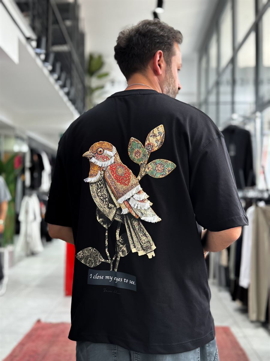Black Motif Bird Patch Oversize T-Shirt SW-5137