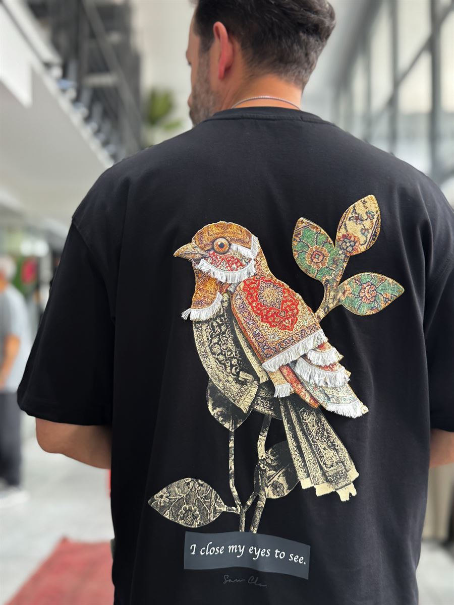 Black Motif Bird Patch Oversize T-Shirt SW-5137