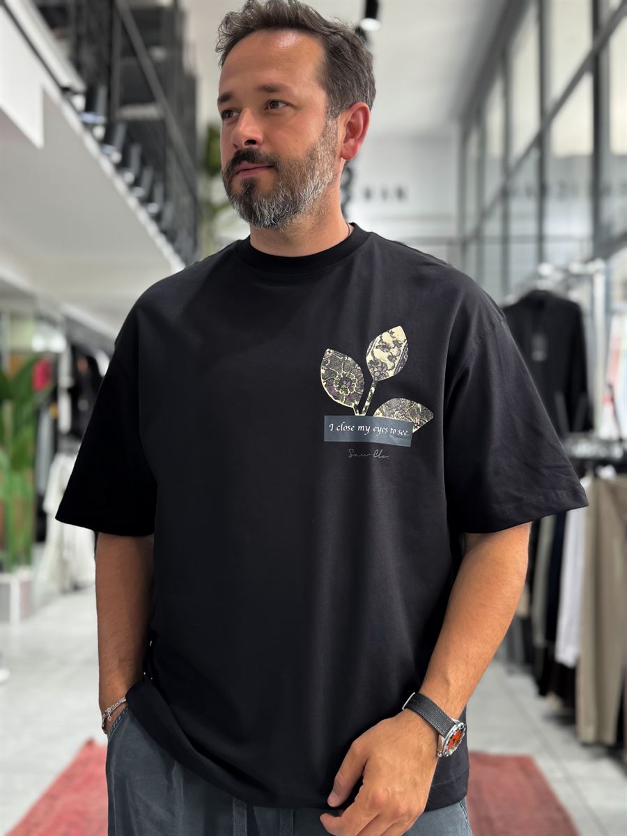 Black Motif Bird Patch Oversize T-Shirt SW-5137