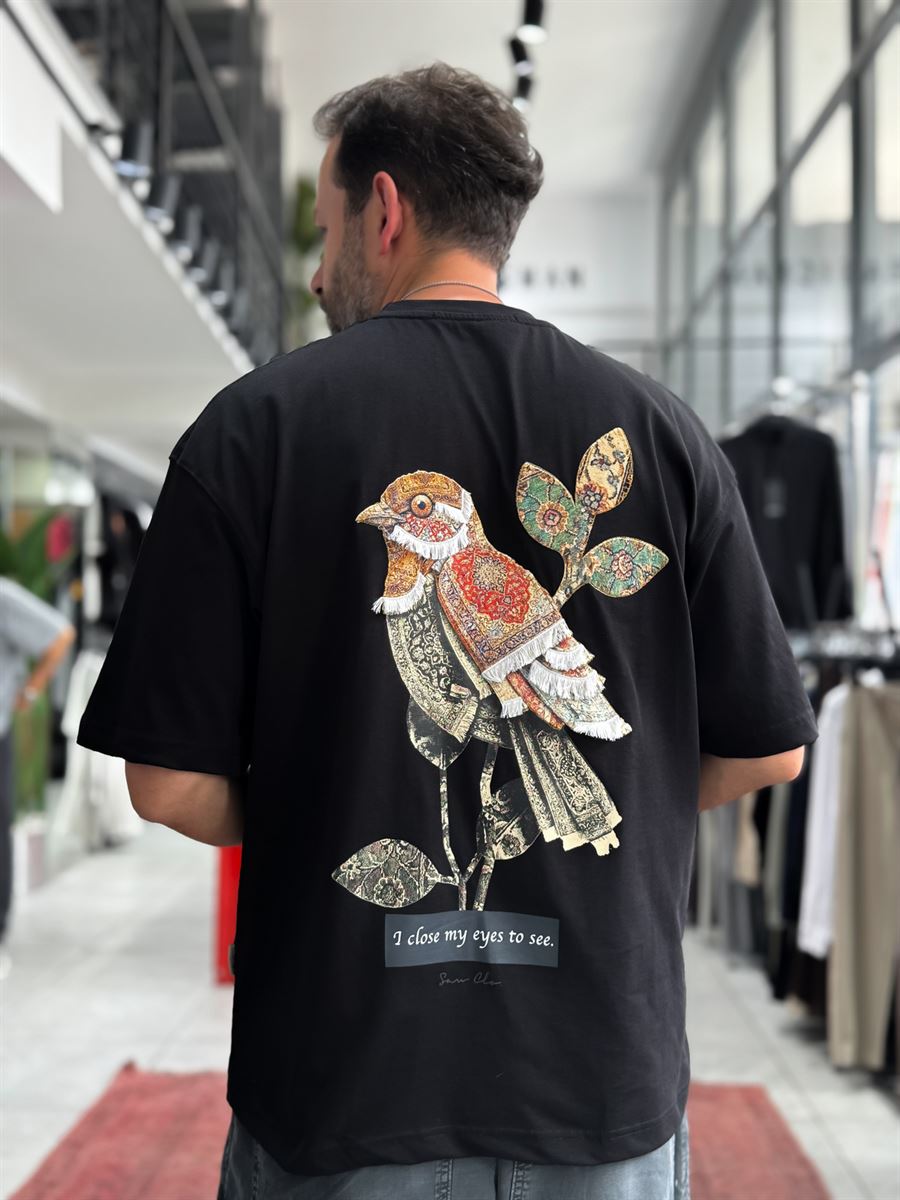 Black Motif Bird Patch Oversize T-Shirt SW-5137