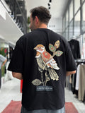 Black Motif Bird Patch Oversize T-Shirt SW-5137