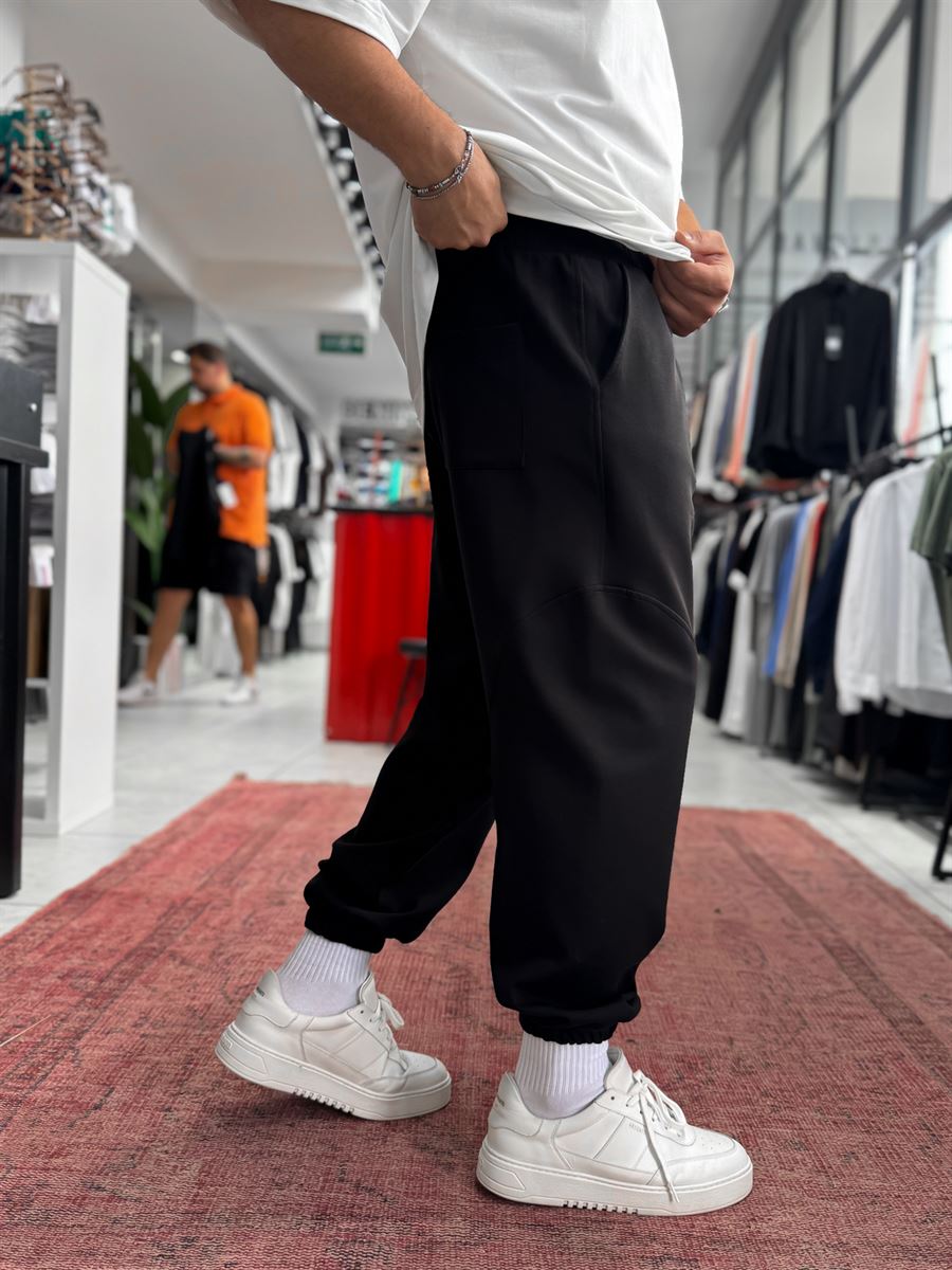 Black Sweatpants with Elastic Waistband and Stitching BLA-768