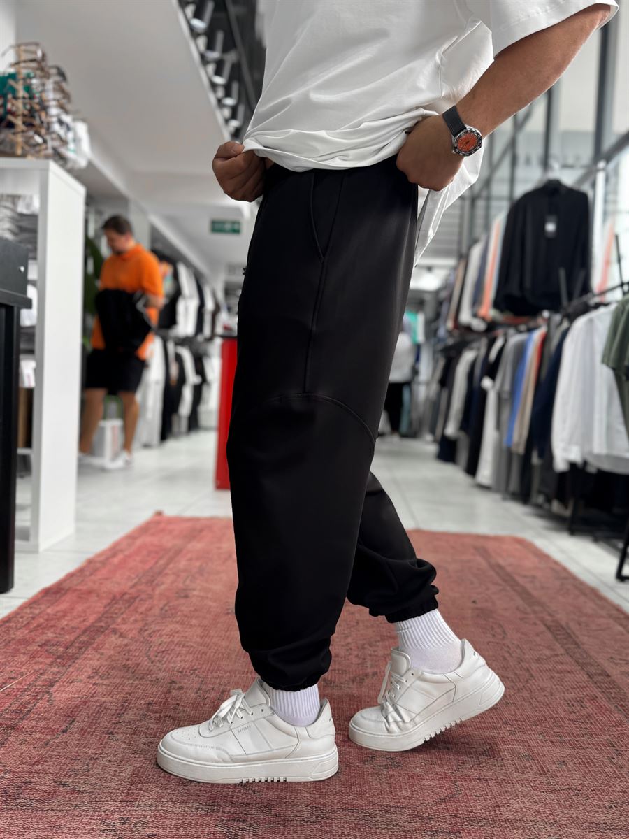 Black Sweatpants with Elastic Waistband and Stitching BLA-768