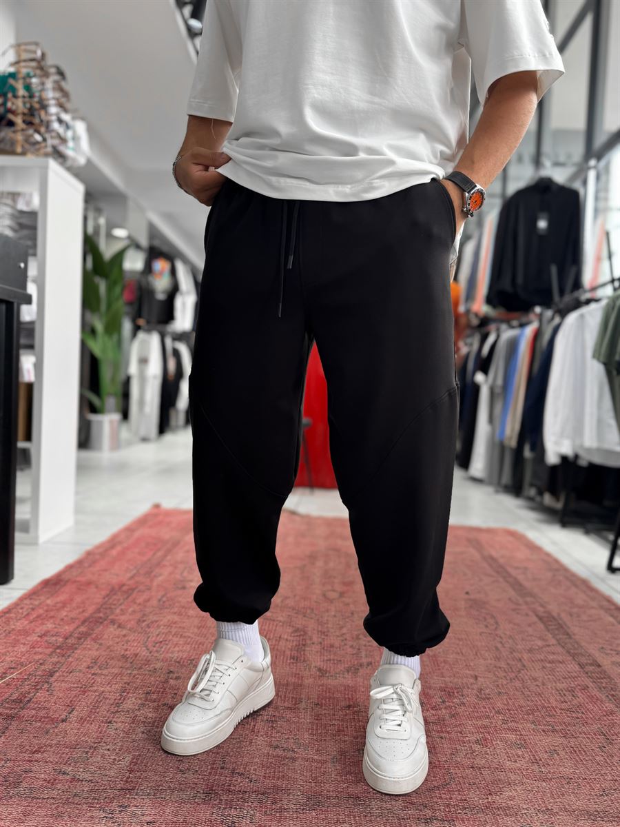 Black Sweatpants with Elastic Waistband and Stitching BLA-768
