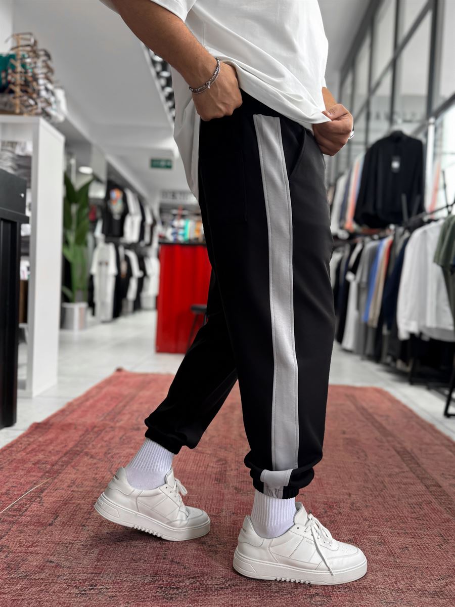 Black Sweatpants with Side Stripes and Elastic Waistband BLA-766