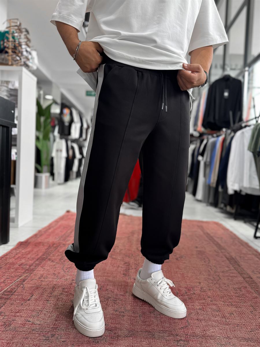 Black Sweatpants with Side Stripes and Elastic Waistband BLA-766