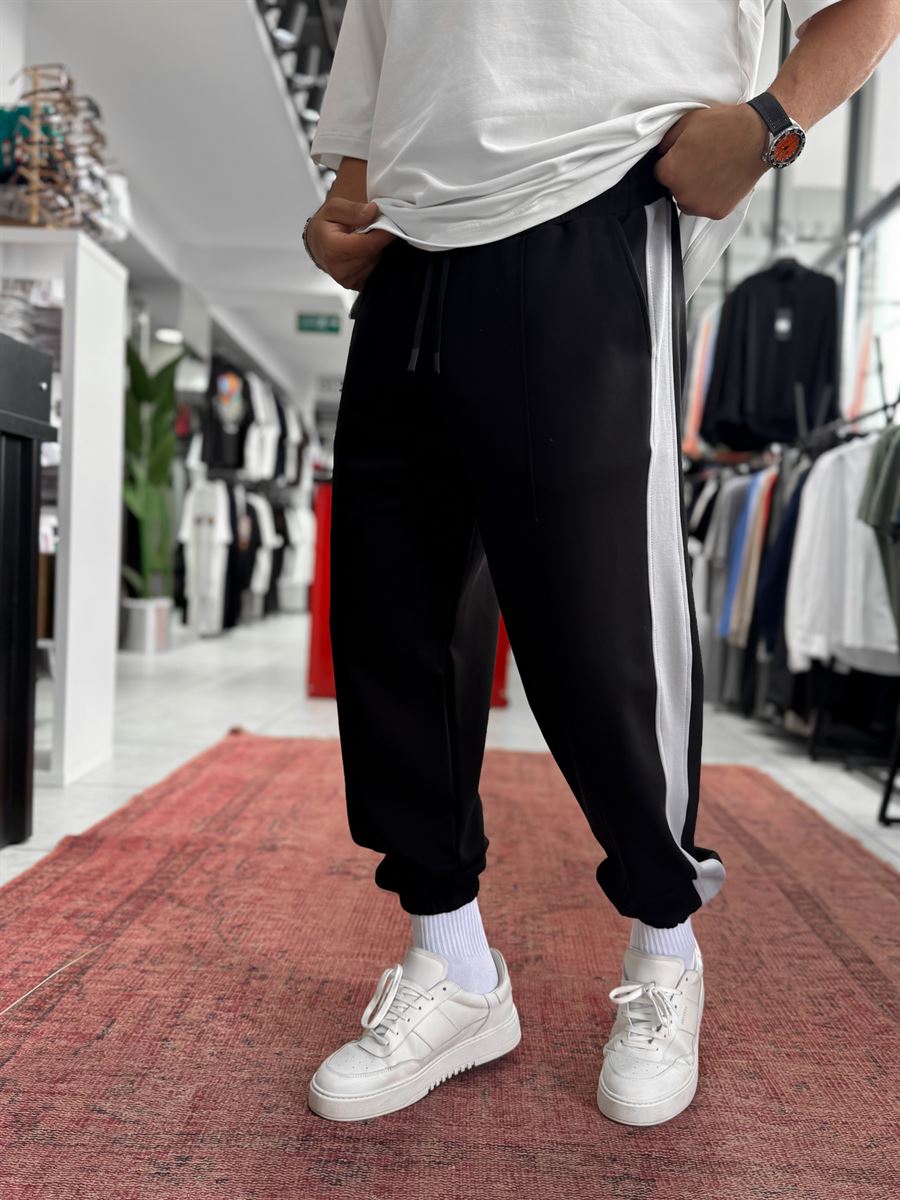 Black Sweatpants with Side Stripes and Elastic Waistband BLA-766