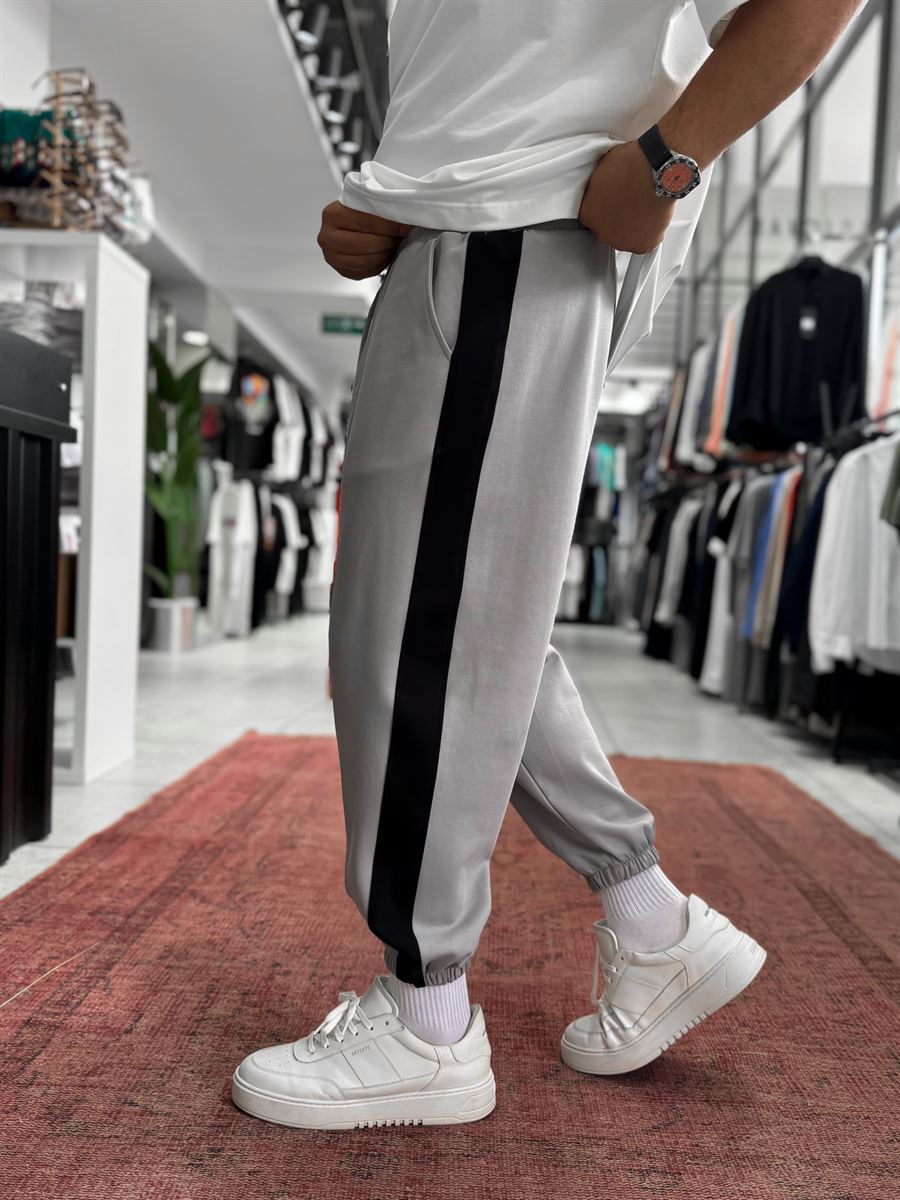 Grey Sweatpants with Side Stripes and Elastic Waistband BLA-766
