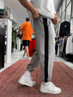 Grey Sweatpants with Side Stripes and Elastic Waistband BLA-766