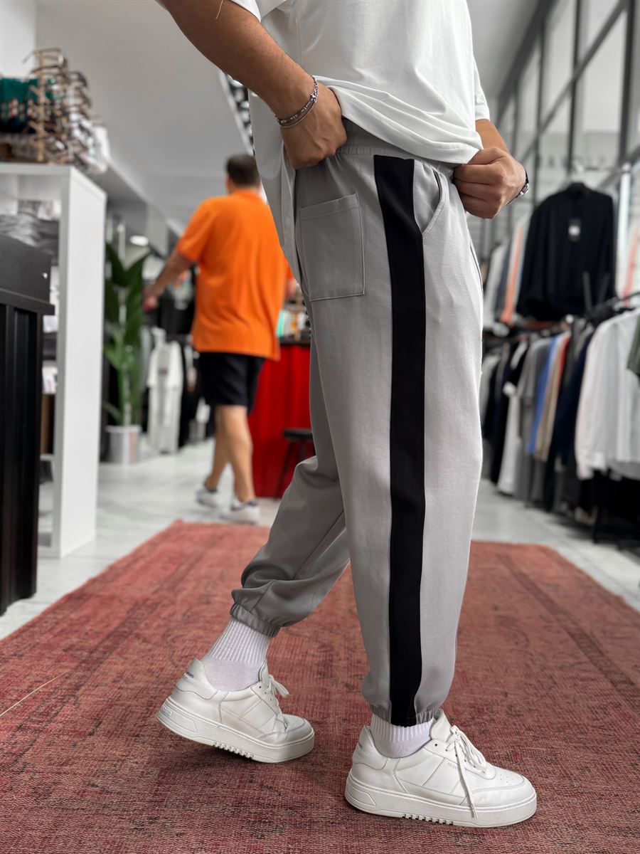Grey Sweatpants with Side Stripes and Elastic Waistband BLA-766