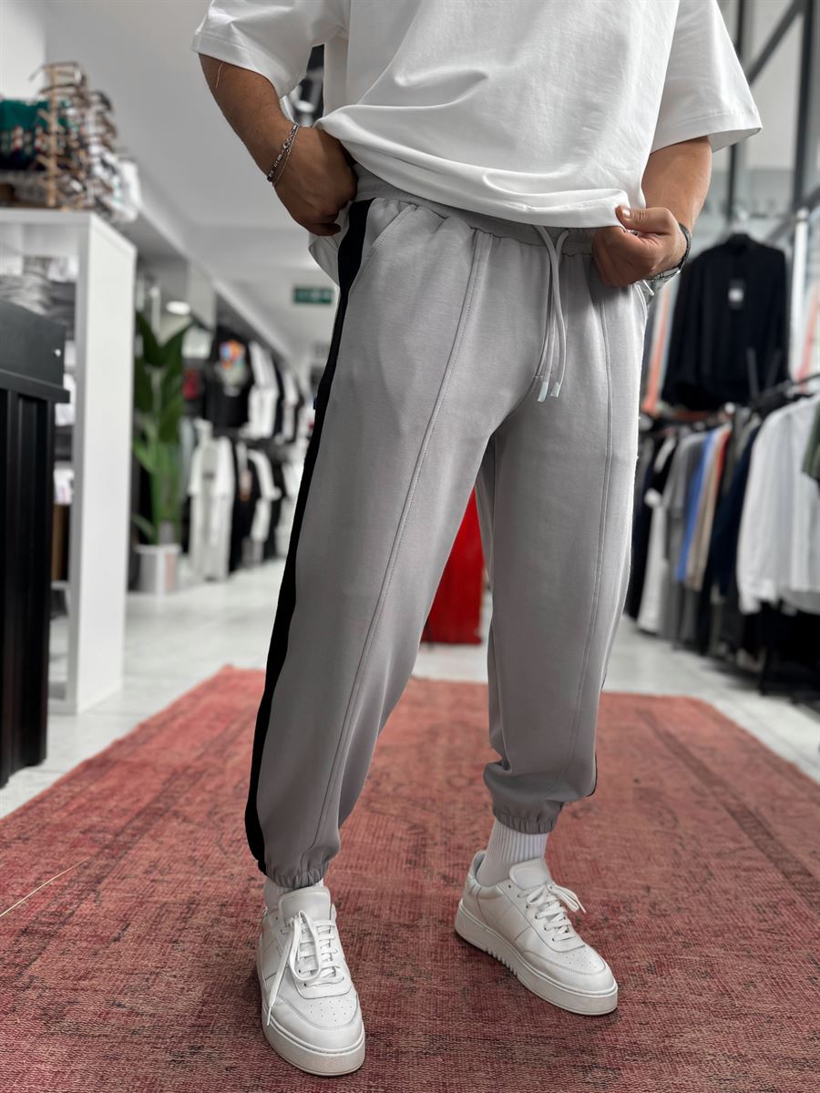 Grey Sweatpants with Side Stripes and Elastic Waistband BLA-766