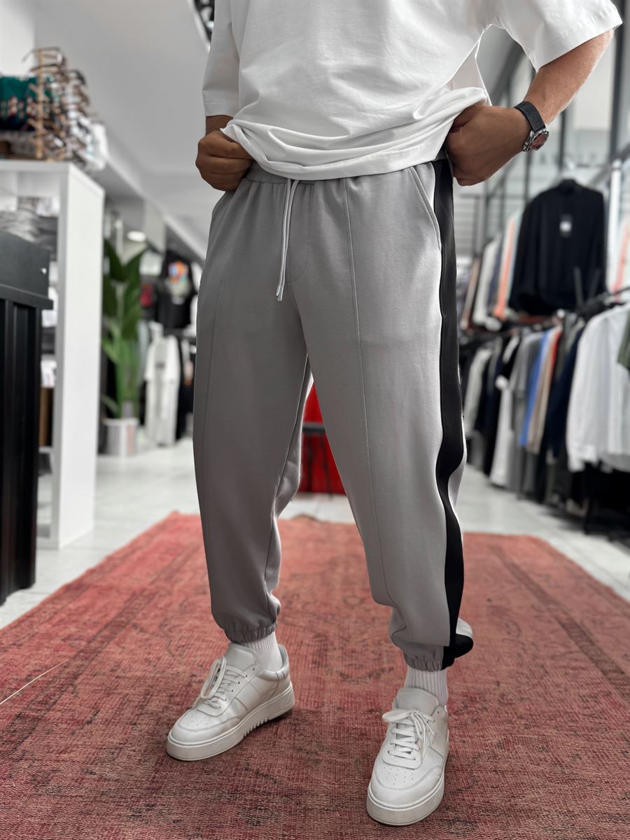Grey Sweatpants with Side Stripes and Elastic Waistband BLA-766