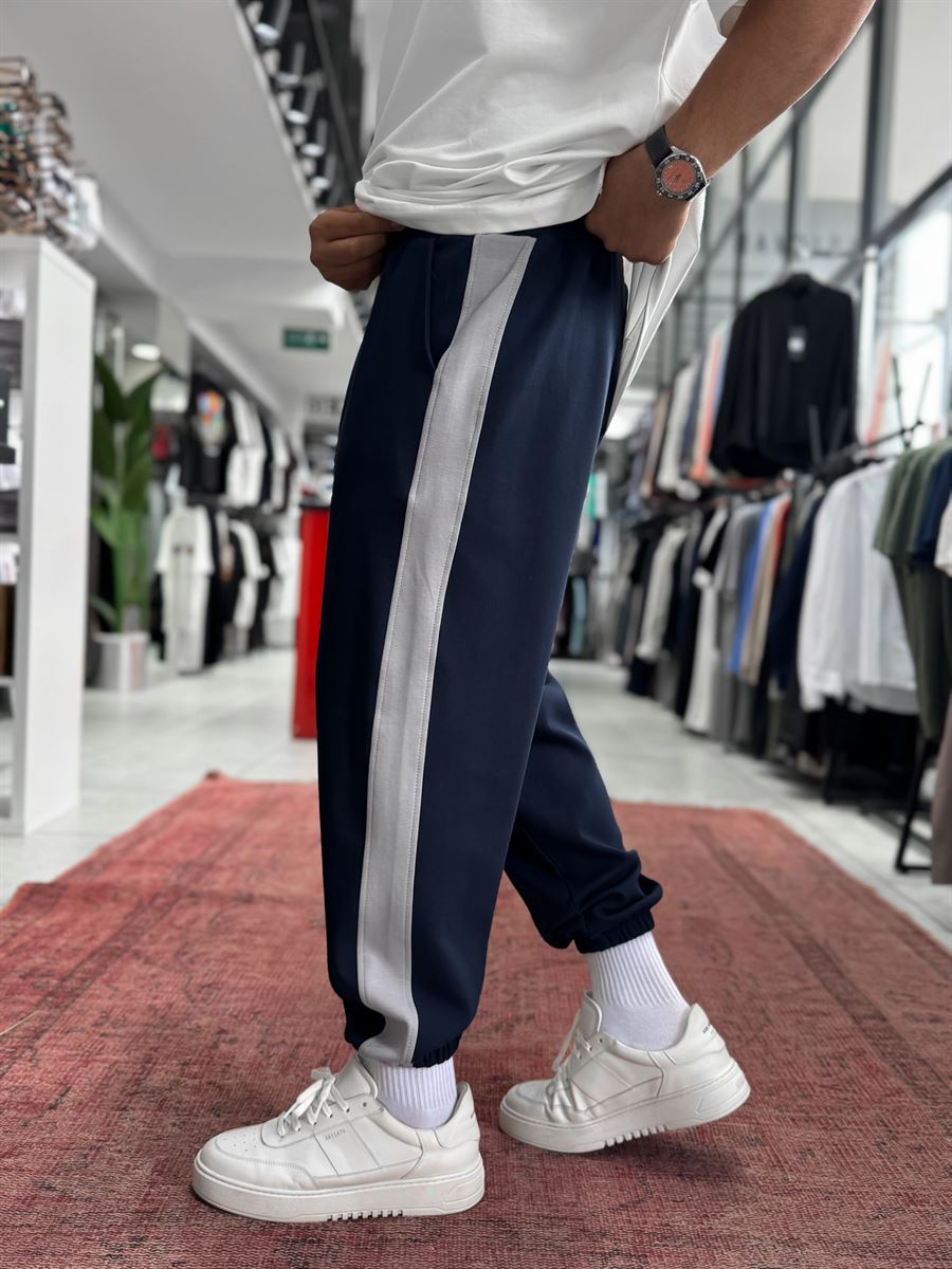 Navy Blue Tracksuit with Side Stripes and Elastic Waistband BLA-766