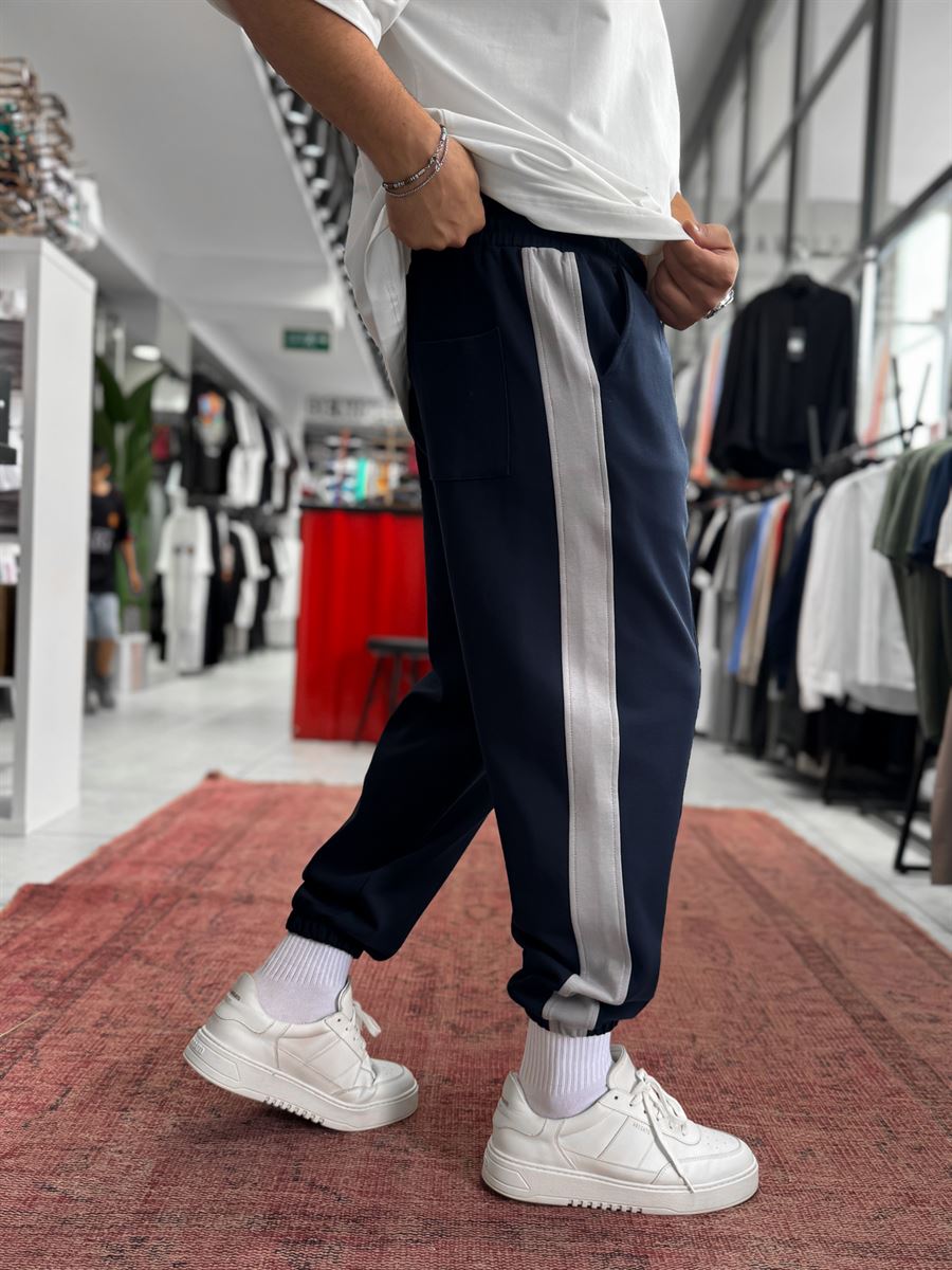 Navy Blue Tracksuit with Side Stripes and Elastic Waistband BLA-766